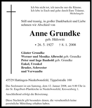 Traueranzeige von Anne Grundke von Tageszeitung