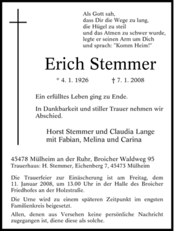 Traueranzeige von Erich Stemmer von Tageszeitung
