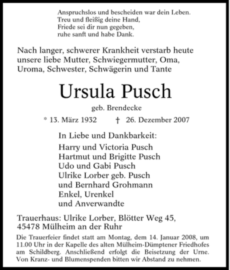  Traueranzeige für Ursula Pusch vom 10.01.2008 aus Tageszeitung