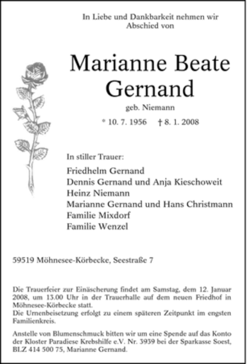Traueranzeige von Marianne Beate Gernand von Tageszeitung