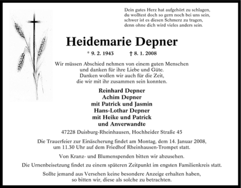  Traueranzeige für Heidemarie Depner vom 10.01.2008 aus Tageszeitung