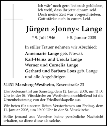 Traueranzeige von Jürgen Lange von Tageszeitung