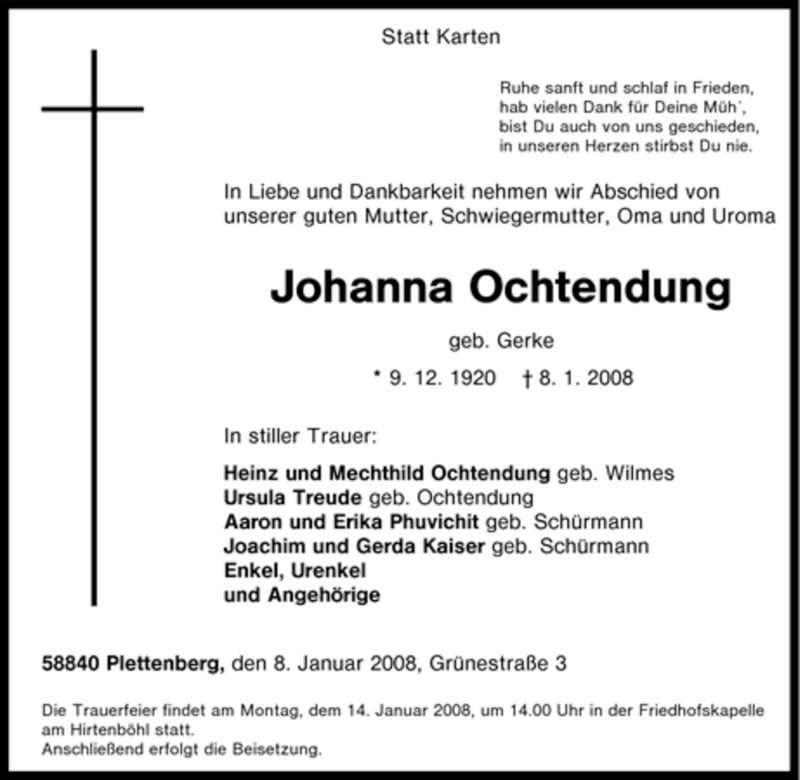  Traueranzeige für Johanna Ochtendung vom 10.01.2008 aus Tageszeitung