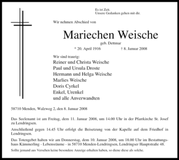 Traueranzeige von Mariechen Weische von Tageszeitung
