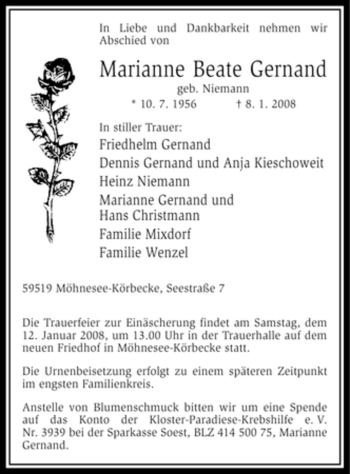 Traueranzeige von Marianne Beate Gernand von Tageszeitung