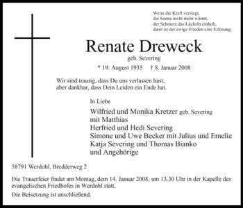 Traueranzeige von Renate Dreweck von Tageszeitung