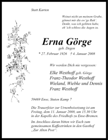 Traueranzeige von Erna Görge von Tageszeitung