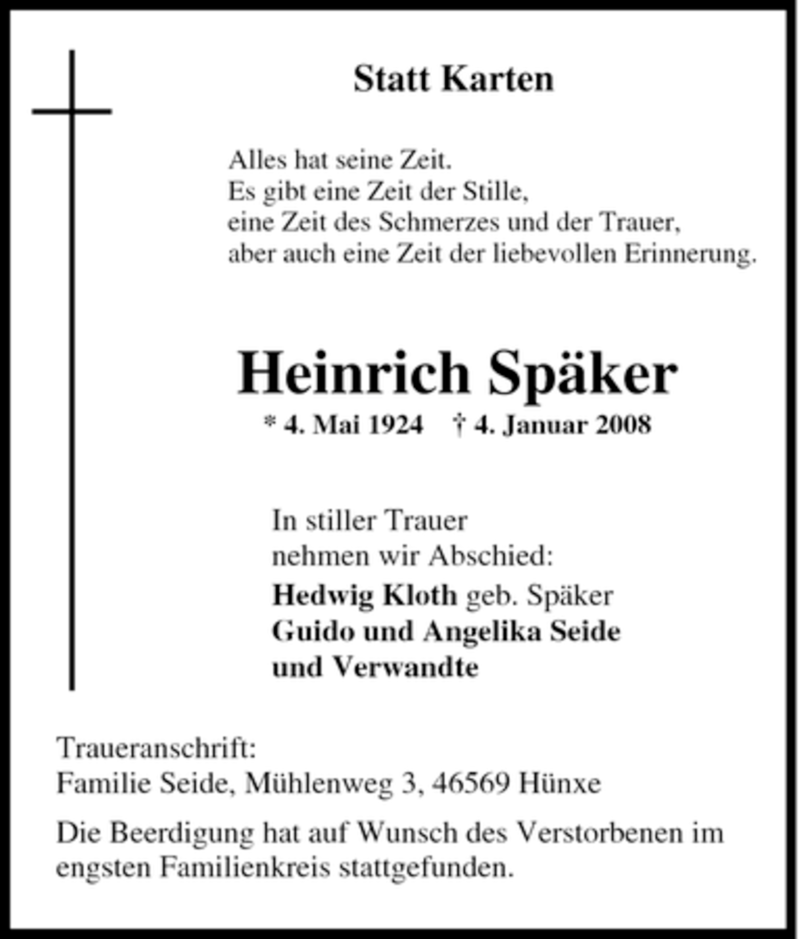  Traueranzeige für Heinrich Späker vom 11.01.2008 aus Tageszeitung