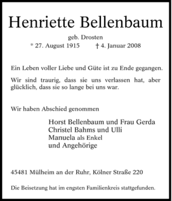 Traueranzeige von Henriette Bellenbaum von Tageszeitung
