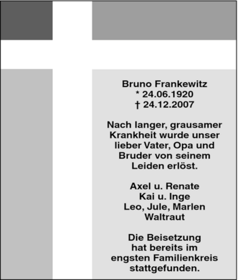  Traueranzeige für Bruno Frankewitz vom 11.01.2008 aus Tageszeitung