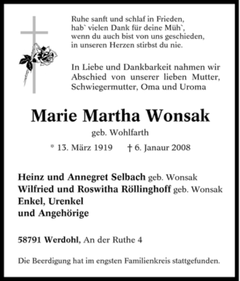 Traueranzeige von Marie Martha Wonsak von Tageszeitung