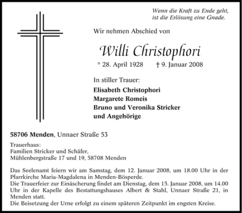  Traueranzeige für Willi Christophori vom 11.01.2008 aus Tageszeitung
