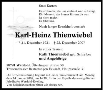 Traueranzeige von Karl-Heinz Thienwiebel von Tageszeitung