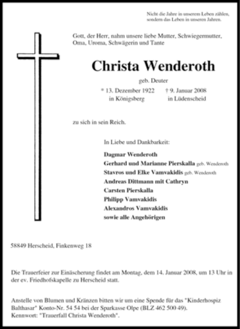 Traueranzeige von Christa Wenderoth von Tageszeitung