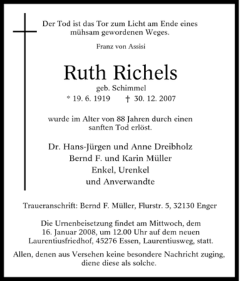 Traueranzeige von Ruth Richels von Tageszeitung