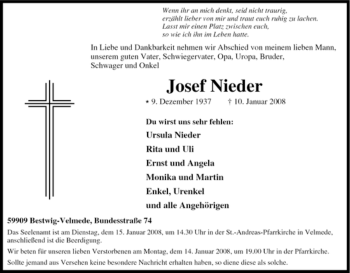 Traueranzeige von Josef Nieder von Tageszeitung