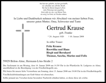 Traueranzeige von Gertrud Krause von Tageszeitung