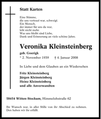 Traueranzeige von Veronika Kleinsteinberg von Tageszeitung
