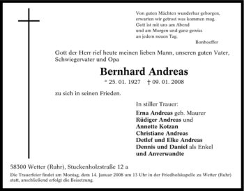 Traueranzeige von Bernhard Andreas von Tageszeitung