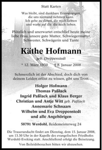 Traueranzeige von Käthe Hofmann von Tageszeitung