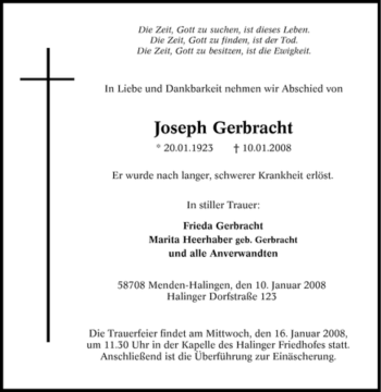 Traueranzeige von Joseph Gerbracht von Tageszeitung