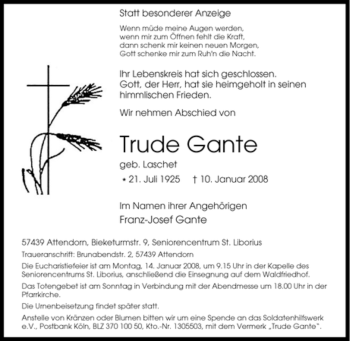 Traueranzeige von Trude Gante von Tageszeitung