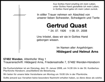 Traueranzeige von Gertrud Quast von Tageszeitung