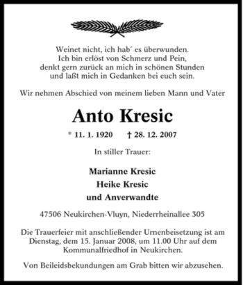 Traueranzeige von Anto Kresic von Tageszeitung
