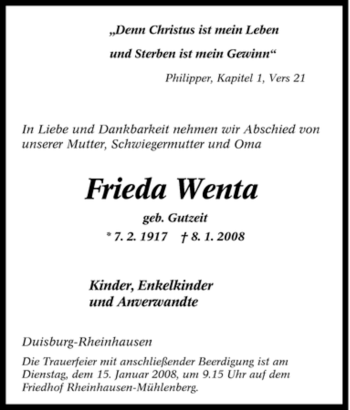 Traueranzeige von Frieda Wenta von Tageszeitung