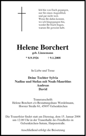 Traueranzeige von Helene Borchert von Tageszeitung