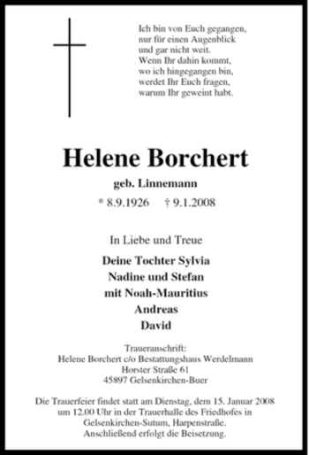 Traueranzeige von Helene Borchert von Tageszeitung
