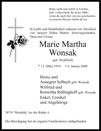 Traueranzeige von Marie Martha Wonsak von Tageszeitung