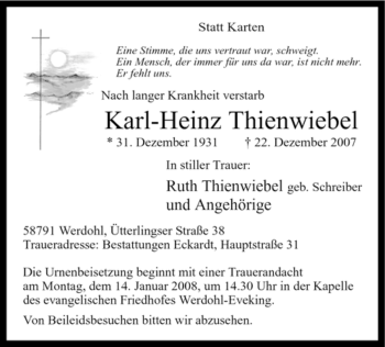 Traueranzeige von Karl-Heinz Thienwiebel von Tageszeitung