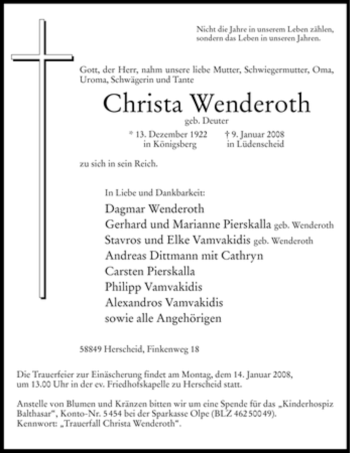 Traueranzeige von Christa Wenderoth von Tageszeitung