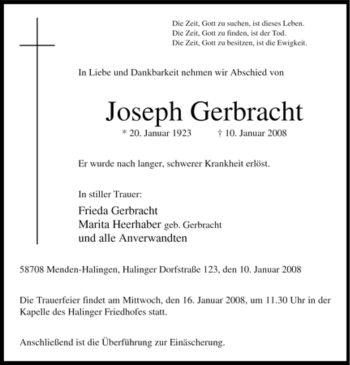 Traueranzeige von Joseph Gerbracht von Tageszeitung