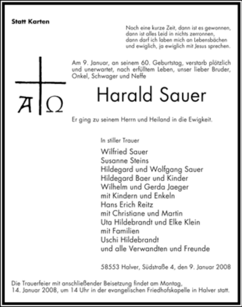 Traueranzeige von Harald Sauer von Tageszeitung