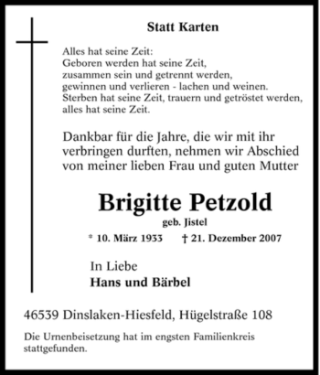 Traueranzeige von Brigitte Petzold von Tageszeitung