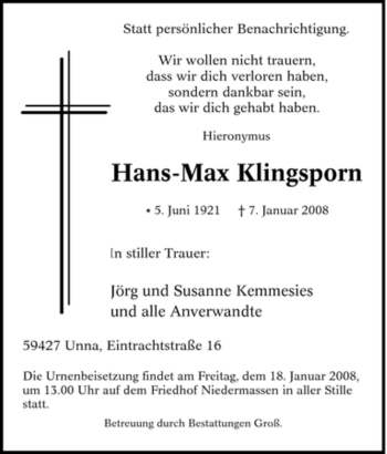 Traueranzeige von Hans-Max Klingsporn von Tageszeitung