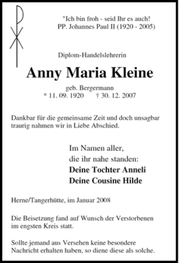 Traueranzeige von Anny Maria Kleine von Tageszeitung