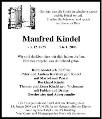 Traueranzeige von Manfred Kindel von Tageszeitung