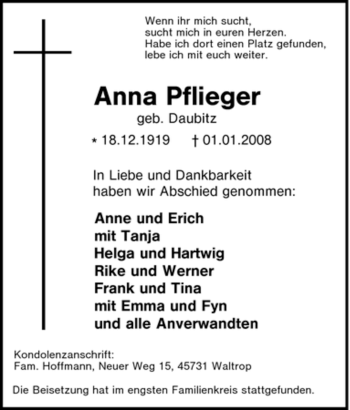 Traueranzeige von Anna Pflieger von Tageszeitung