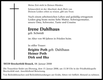 Traueranzeige von Irene Dahlhaus von Tageszeitung
