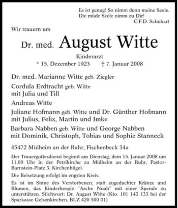 Traueranzeige von August Witte von Tageszeitung
