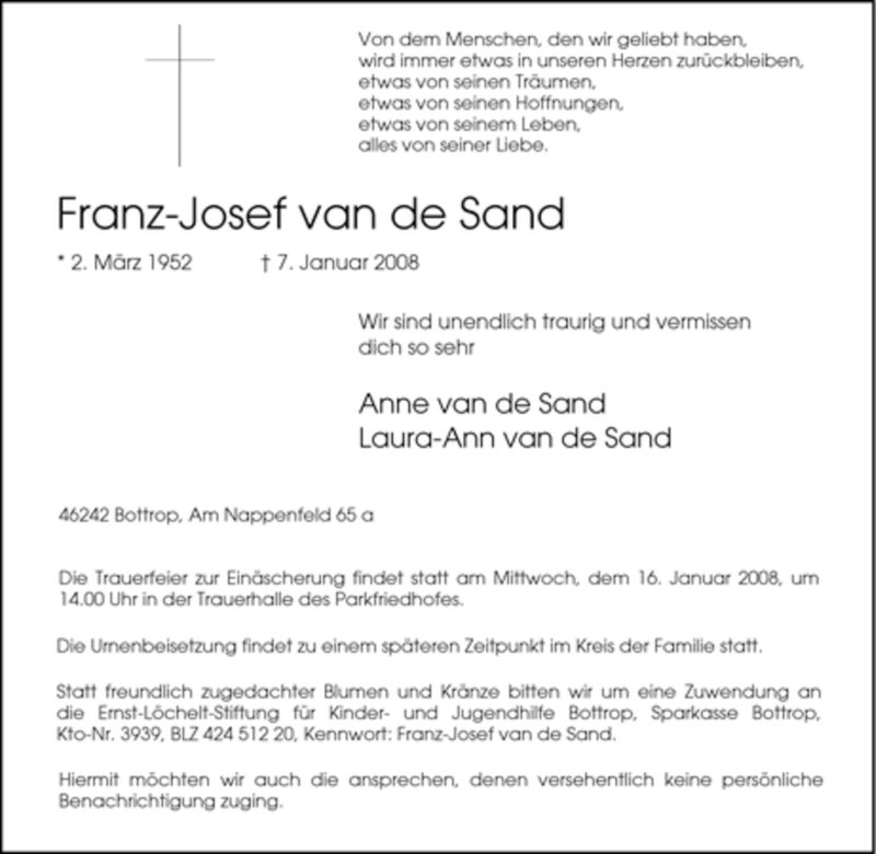  Traueranzeige für Franz-Josef van de Sand vom 12.01.2008 aus Tageszeitung