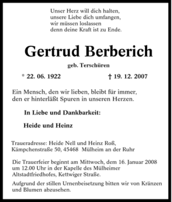 Traueranzeige von Gertrud Berberich von Tageszeitung