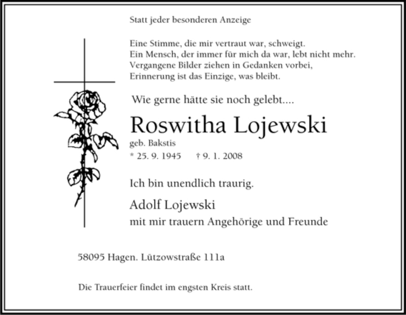  Traueranzeige für Roswitha Lojewski vom 12.01.2008 aus Tageszeitung