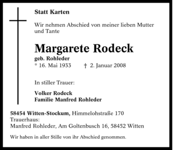 Traueranzeige von Margarete Rodeck von Tageszeitung
