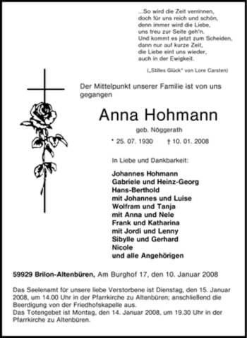 Traueranzeige von Anna Hohmann von Tageszeitung