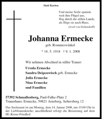 Traueranzeige von Johanna Ermecke von Tageszeitung