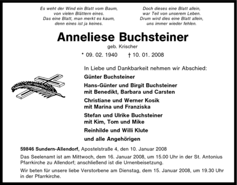  Traueranzeige für Anneliese Buchsteiner vom 12.01.2008 aus Tageszeitung